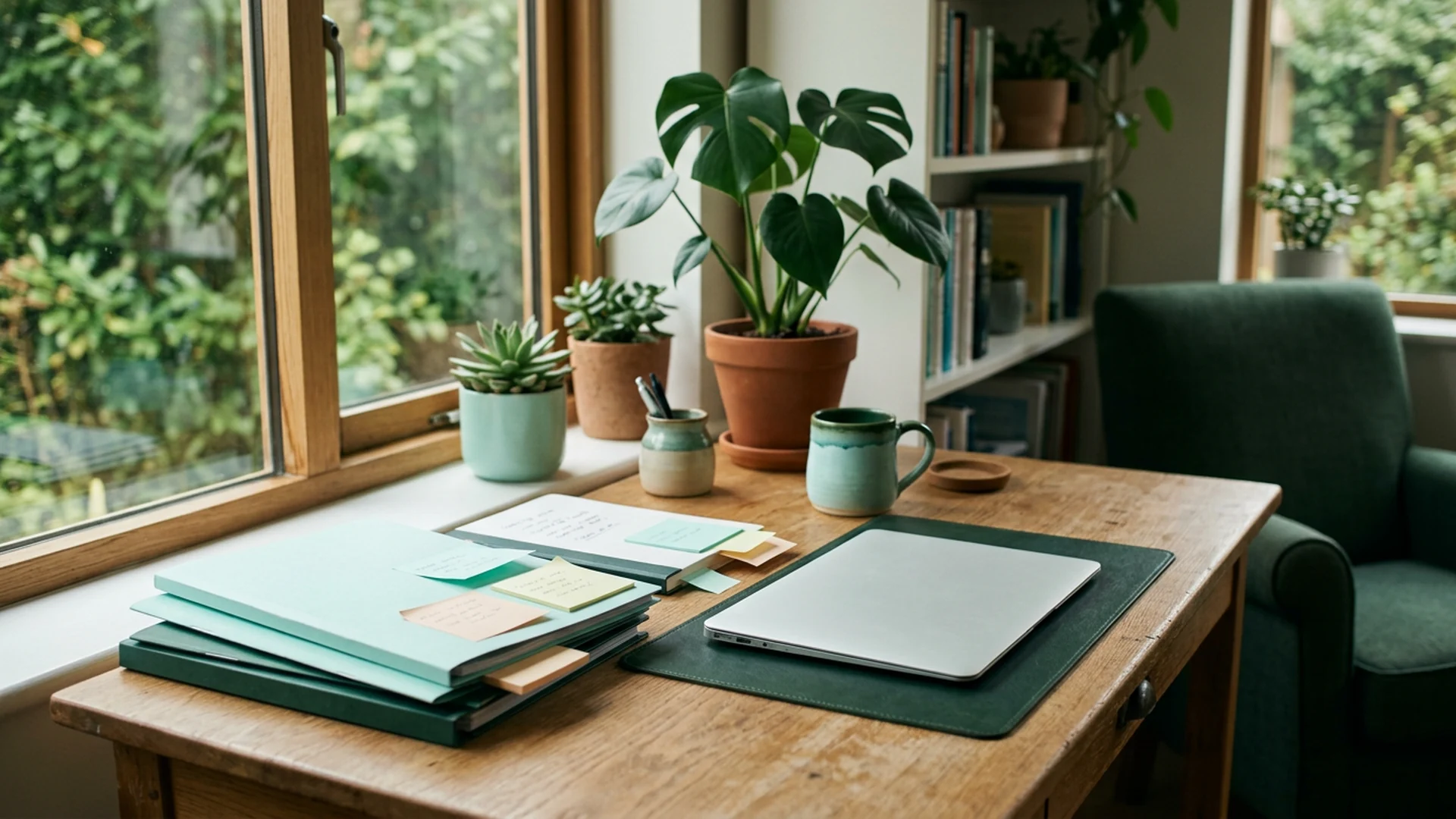 Cichy kąt pracy redakcyjnej z dokumentami ubezpieczeniowymi i notatkami, tło hero 1920x1080 px