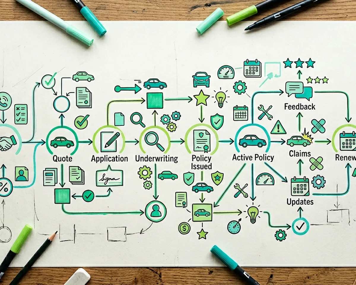 Mapa myślowa ścieżki czytelnika od pierwszego kontaktu z polisą po przedłużenie umowy, ilustracja 1200x960 px