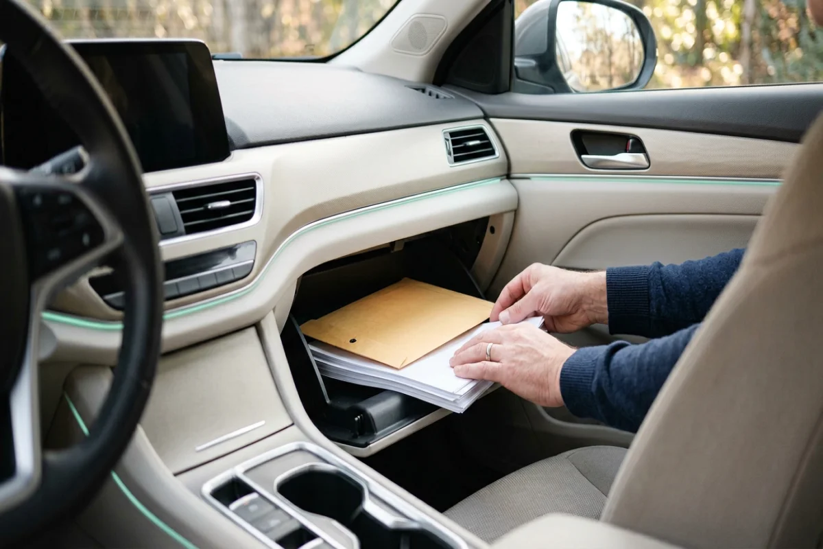 Kierowca układa dokumenty ubezpieczeniowe w schowku samochodowym, porządek w kabinie, ujęcie 1200x800 px