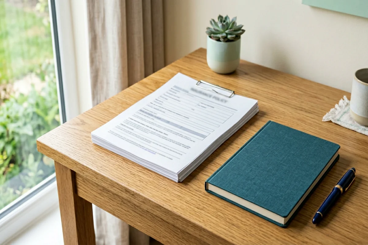 Stół z wydrukowaną polisą, notatnikiem i długopisem, światło dzienne, ujęcie 1200x800 px